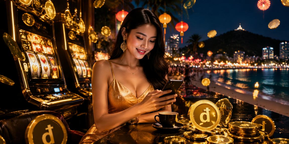 Người dùng Vũng Tàu xem slot game trên điện thoại tại quán cà phê